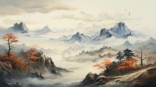 中式古风的山间风景水墨画图片