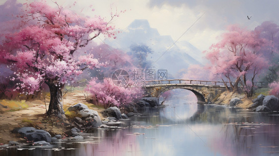 溪流旁盛开的桃花景观图片