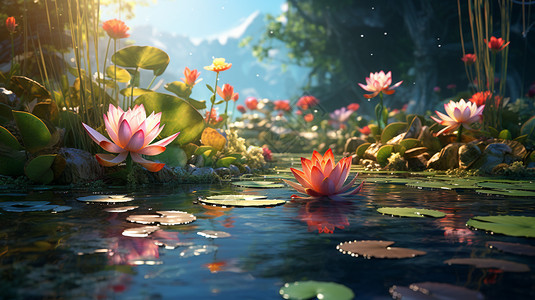 夏季池塘中美丽的莲花图片
