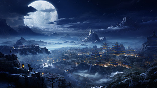 月色下的小镇背景图片