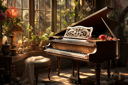 钢琴架上的花图片