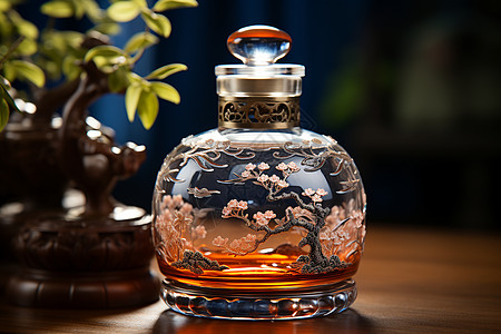 樱花花纹玻璃酒瓶背景
