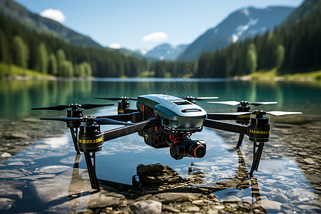 湖畔上飞翔的无人机图片