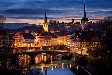 瑞士景点夜幕下的瑞士小城背景