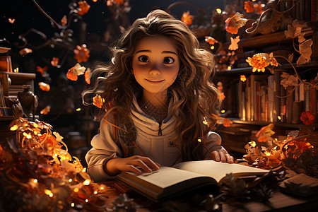 读书的美丽卡通女孩背景图片