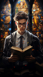 一个戴眼镜的男人拿着一本书背景图片