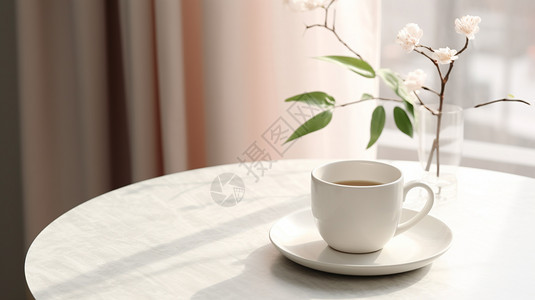 一张白色的桌子，上面有一杯咖啡。图片