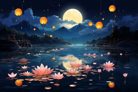 满池的莲花灯背景图片