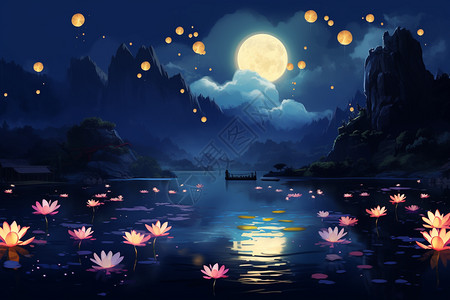 河面上的花灯背景图片