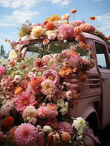 鲜花堆满汽车图片