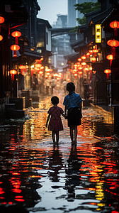 两个小女孩走过积水的街道图片