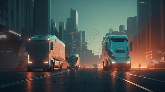 未来派城市道路上的运输卡车图片