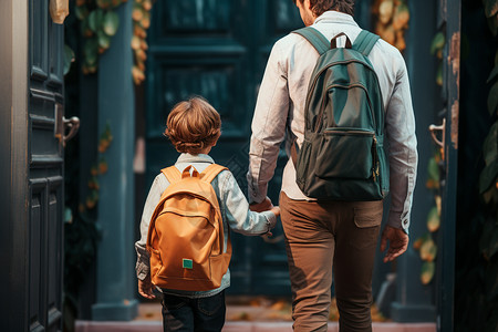 小孩手拉手一个男人和一个孩子手拉手背着书包上学背景