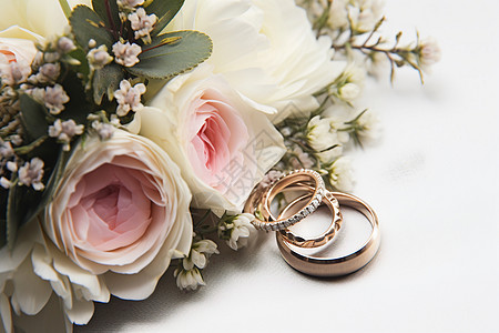 浪漫花束上结婚戒指图片