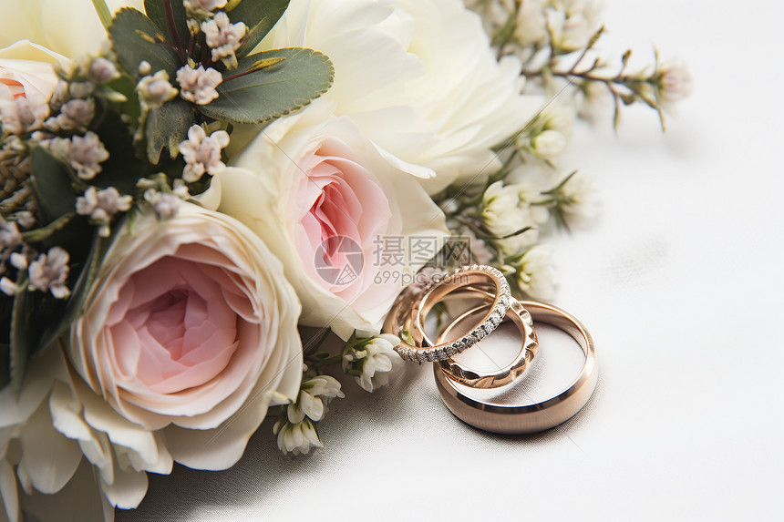 浪漫花束上结婚戒指图片