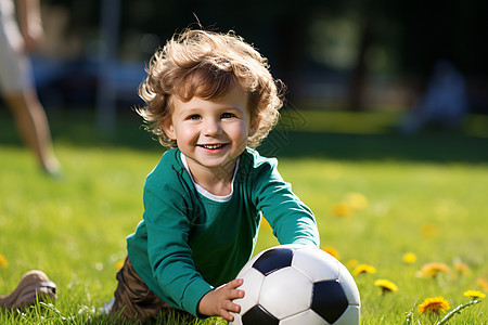 小男孩在绿草地上踢足球图片
