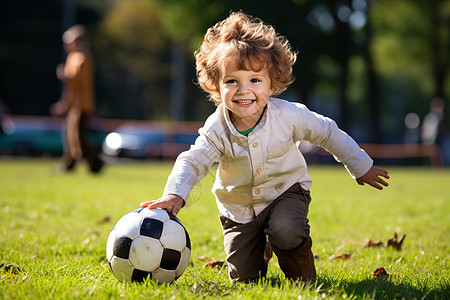 快乐的孩童在绿草地上踢足球图片