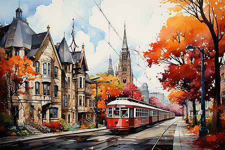 秋天城市景观绘画图片