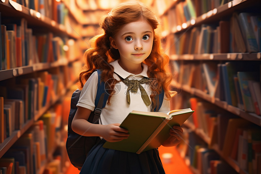 书架前看书的女孩图片