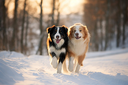 雪中奔跑的两只狗图片