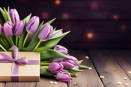 紫色郁金香花束和礼物盒图片