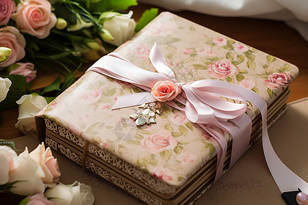 桌子是礼盒花朵手工包高清图片