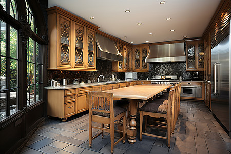 明亮的厨房与家庭用餐区图片