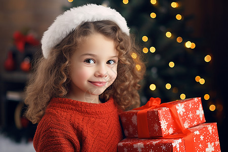 儿童礼物抱着礼物的小女孩背景