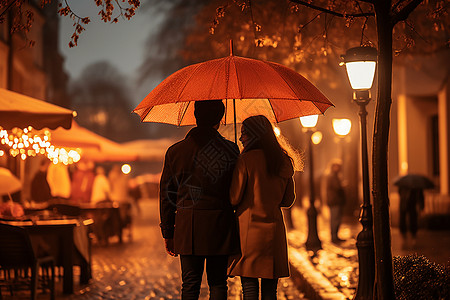 夜晚散步户外打着雨伞的夫妻背景