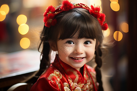 小女孩穿着红色中国服装背景图片