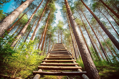 森林中的木头阶梯图片