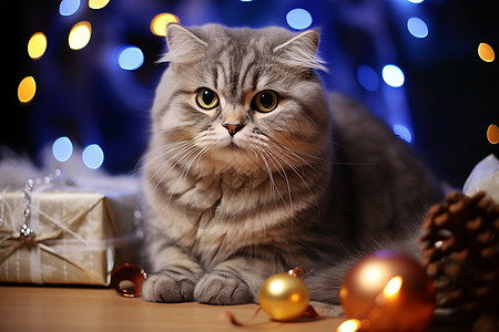 圣诞装饰旁的可爱小猫图片