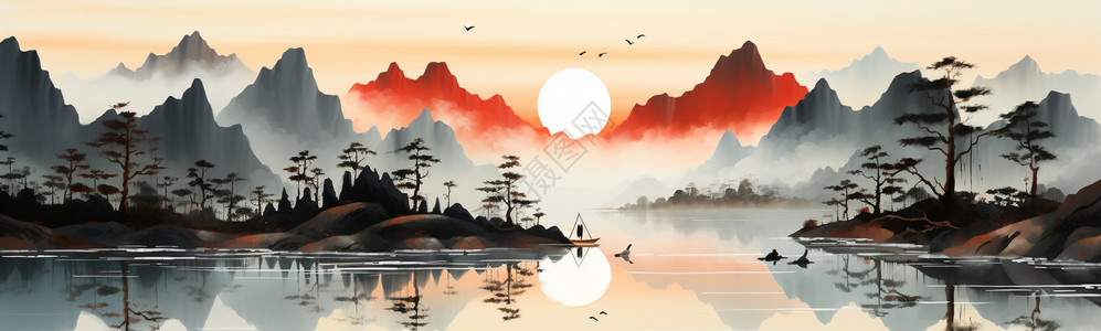 湖上的山披上夕阳的温暖色彩插画