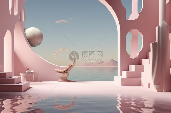 创意海边粉色建筑图片