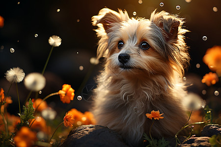 花丛中的小狗背景图片