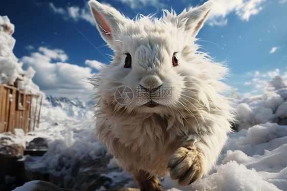 白兔在雪地上飞跃图片