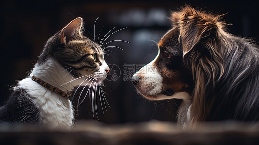 互相对视的猫和狗图片