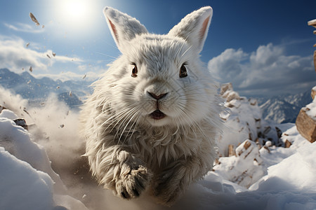 兔子在白雪中奔跑图片