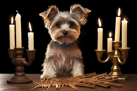 烛台旁可爱的约克夏犬图片
