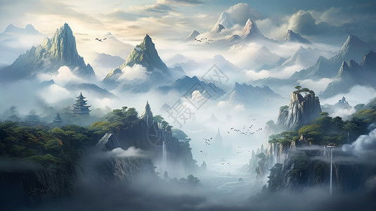 雨雾缭绕的山间景色图片