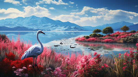 水草丰富的湖泊上的丹顶鹤图片