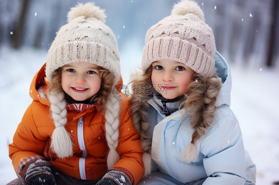 两个小女孩在雪地里穿着冬装和帽子图片