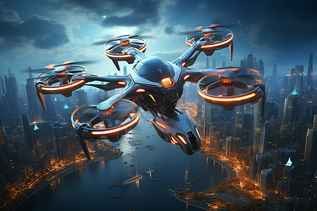 未来城市中的无人机航拍图片