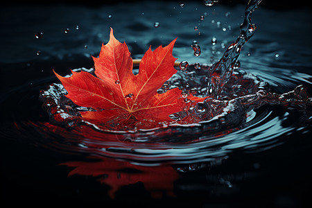 一片红枫叶漂浮在水面上图片