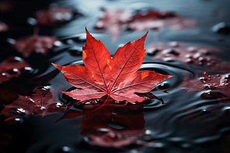 红叶漂浮在水面图片