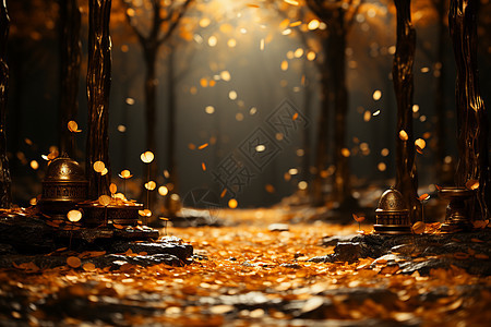 森林中的枯叶与金色光影图片