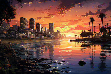 日落时海滨城市的插图图片