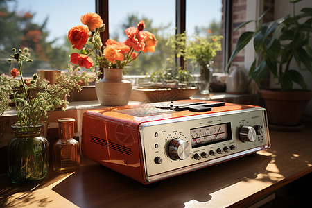 桌上放着一台古董收音机图片