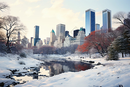 美丽城市下雪的美丽公园背景