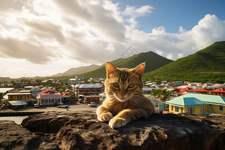 坐在石头上的猫咪图片